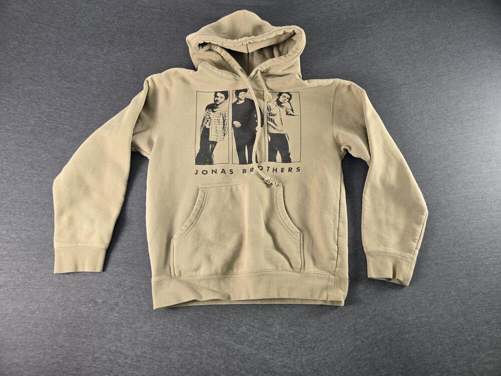 Jonas Brothers Hoodie Sweatshirt Mens Small Beige Photo Graphic Fleece Pullover